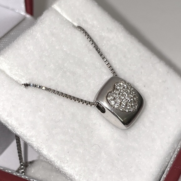 Solid Stamped 18K (not 14K ) White Gold Diamond Pave Modern Heart Necklace - Picture 6 of 16